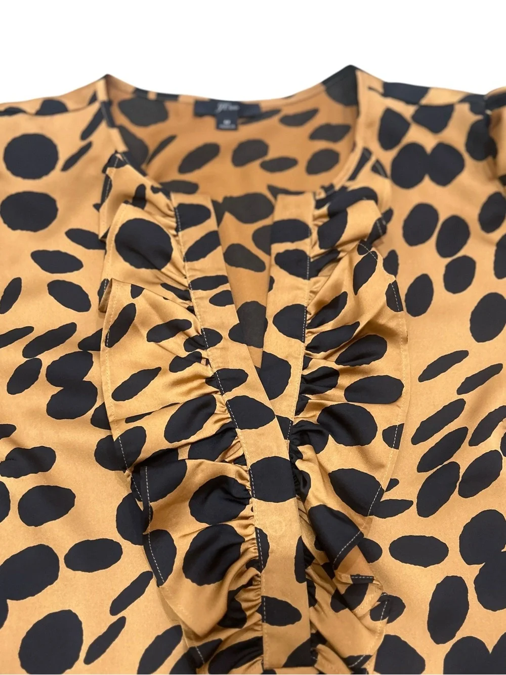 J crew Ruffled V-Neck Long Sleeve blouse caramel black dot print size medium